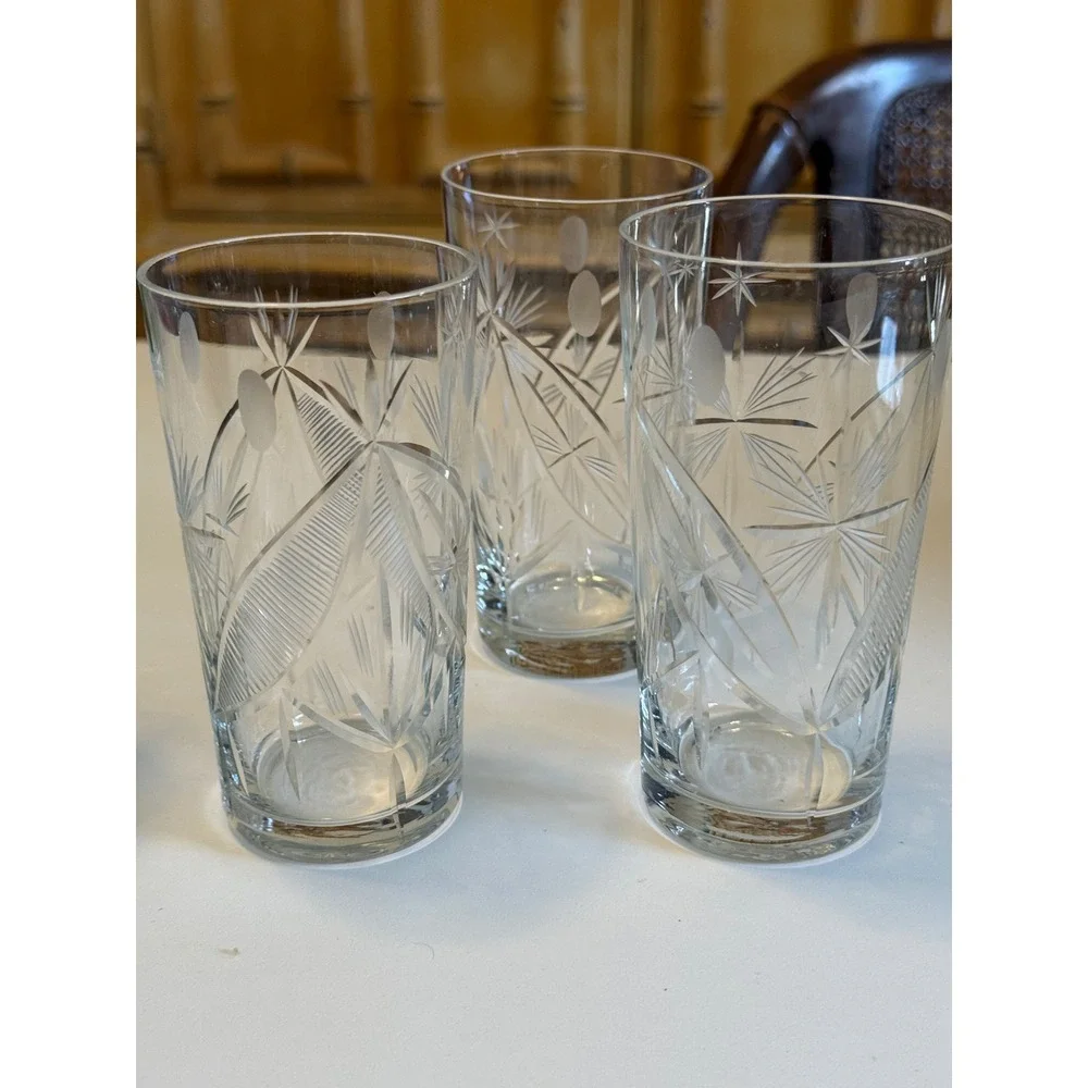 Vintage Cut Glass Highball Tumblers Starburst Wheat Etched‎ Barware Set of 4
